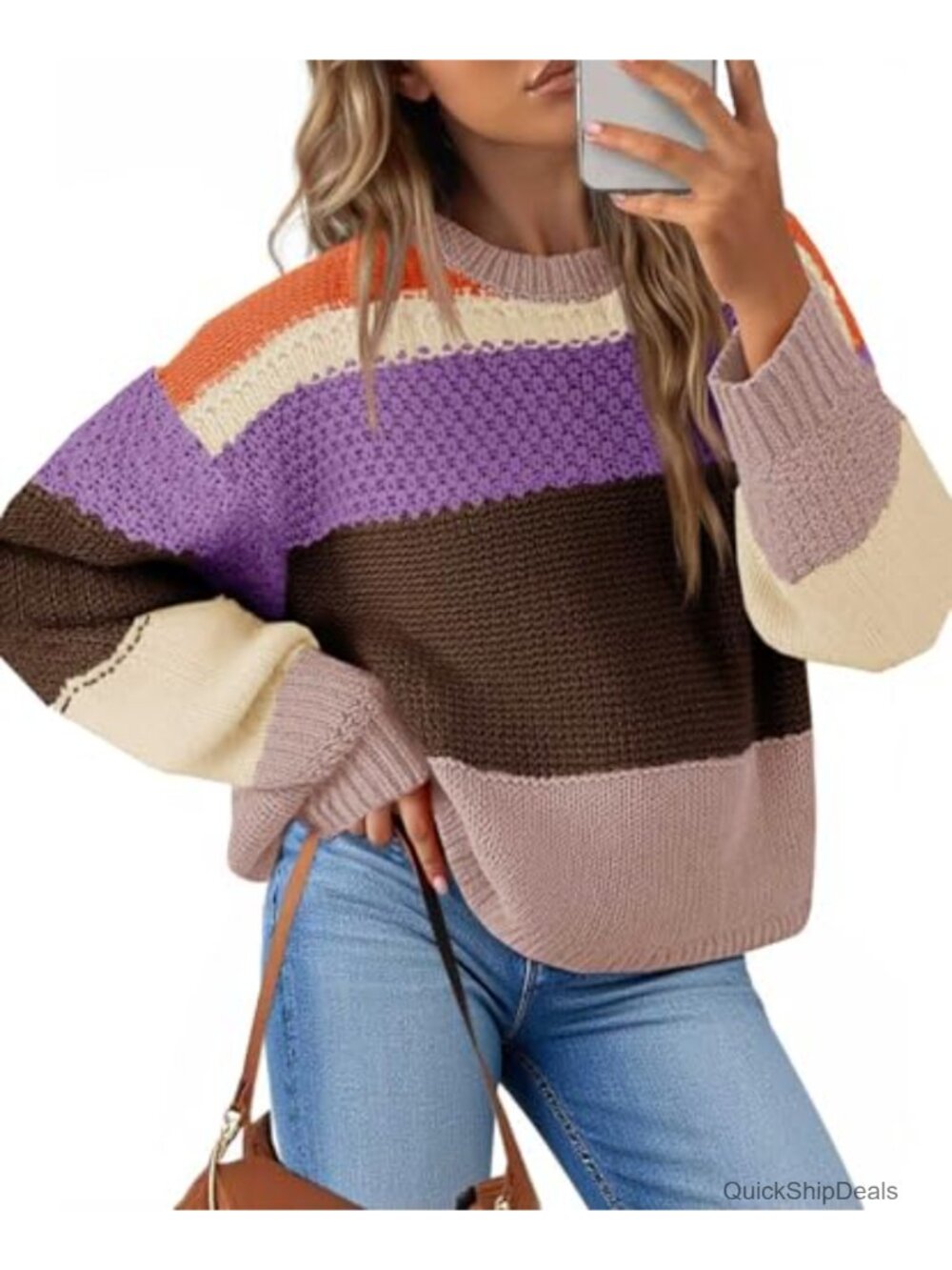 Color Block Cropped Sweater Women Oversized Striped Pullover Crew Neck